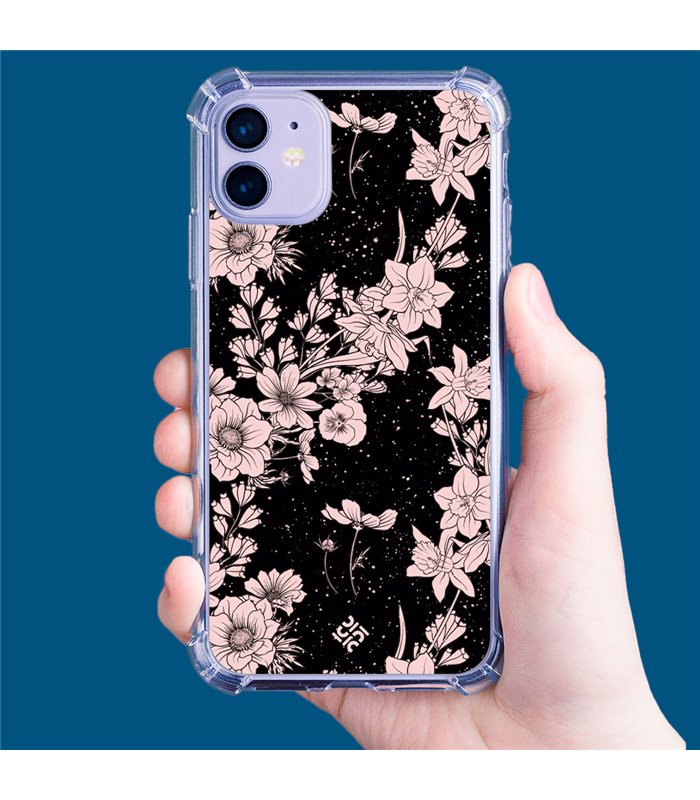 Funda Antigolpe [ iPhone 14 Plus ] Dibujo Botánico [ Flores de amapola daffodil, anémona, violeta en fondo estrellado ] Esquina