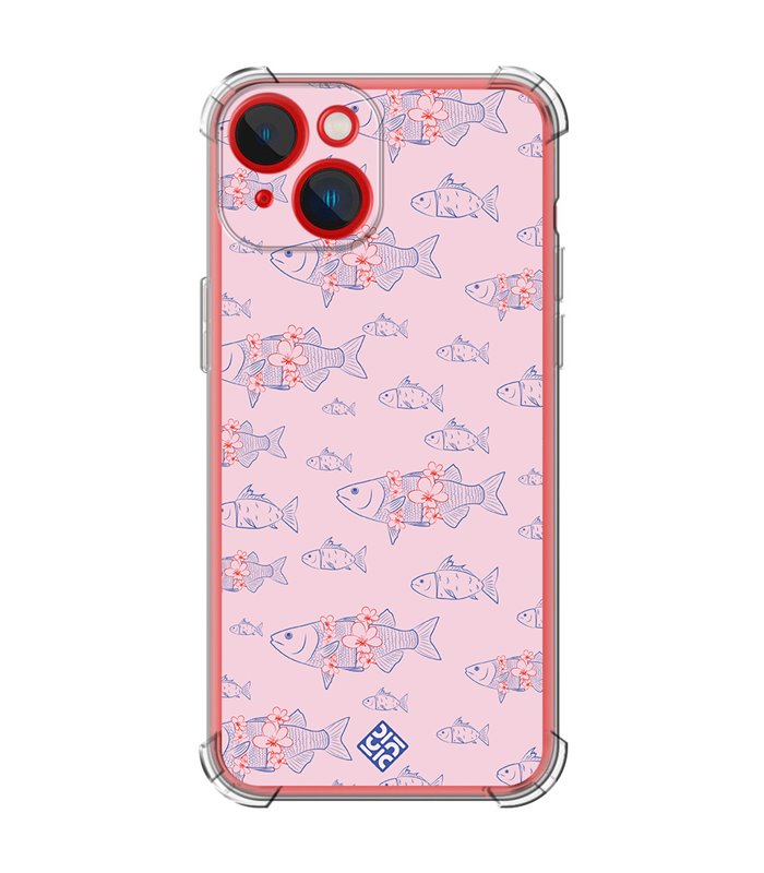 Funda Antigolpe [ iPhone 14 Plus ] Dibujo Japones [ Sakura y Pescado Rosa Pastel ] Esquina Reforzada Silicona Transparente