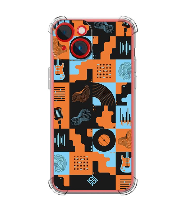 Funda Antigolpe [ iPhone 14 Plus ] Diseño Música [ Iconos Música Naranja y Azul ] Esquina Reforzada Silicona 1.5mm Transparente