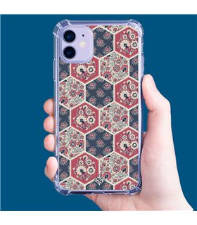 Funda Antigolpe [ iPhone 14 Plus ] Dibujo Tendencias [ Diseño Azulejos Hexágonales con Flores ] Esquina Reforzada Silicona