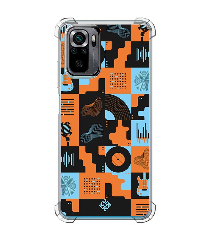 Funda Antigolpe [ POCO M5s ] Diseño Música [ Iconos Música Naranja y Azul ] Esquina Reforzada Silicona 1.5mm Transparente