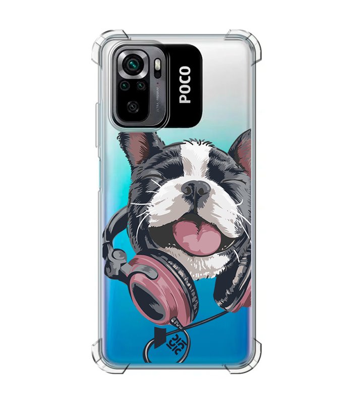 Funda Antigolpe [ POCO M5s ] Diseño Música [ Perro Feliz Escuchando Música ] Esquina Reforzada Silicona Transparente