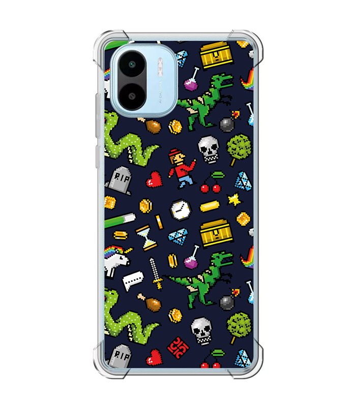 Funda Antigolpe [ Xiaomi Redmi A1 ] Dibujo Gamers [ Iconos de Juego Retro Pixel Art 8 Bits ] Esquina Reforzada 1.5mm 