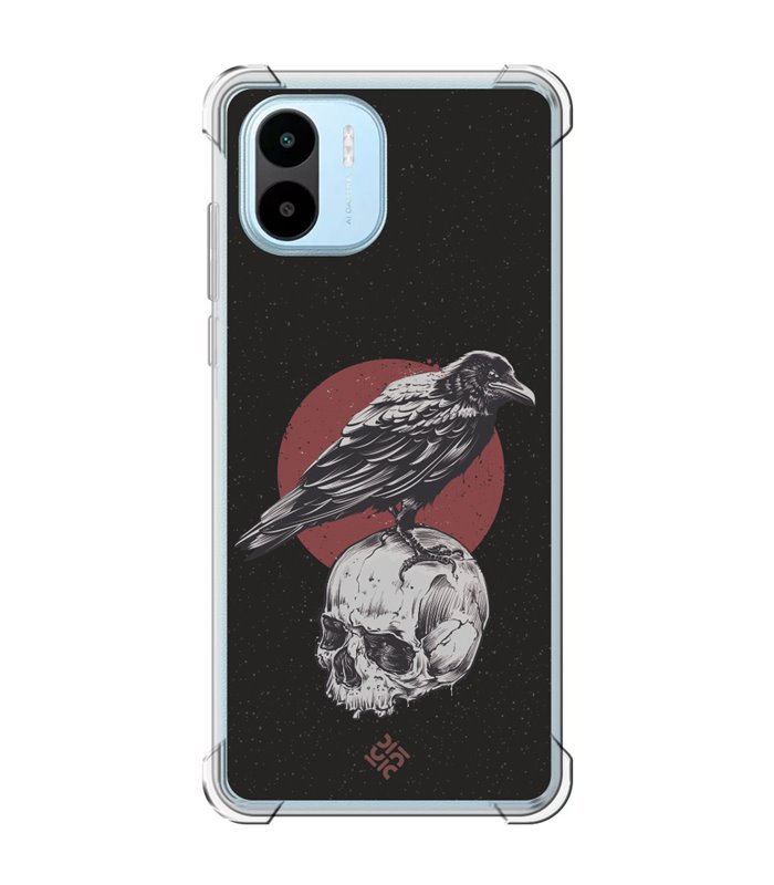 Funda Antigolpe [ Xiaomi Redmi A1 ] Dibujo Gotico [ Cuervo Sobre Cráneo ] Esquina Reforzada Silicona 1.5mm Transparente