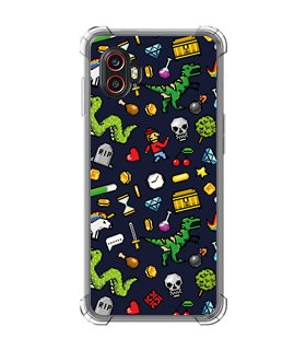 Funda Antigolpe [ Samsung Galaxy XCover 6 Pro ] Dibujo Gamers [ Iconos de Juego Retro Pixel Art 8 Bits ] Esquina Reforzada 1.5mm