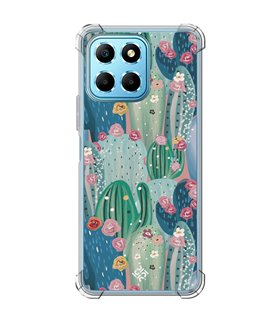 Funda Antigolpe [ Honor X8 5G ] Dibujo Botánico [ Cactus Con Flores Rosas ] Esquina Reforzada Silicona 1.5mm Transparente