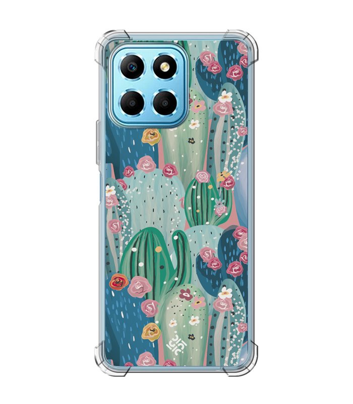 Funda Antigolpe [ Honor X8 5G ] Dibujo Botánico [ Cactus Con Flores Rosas ] Esquina Reforzada Silicona 1.5mm Transparente