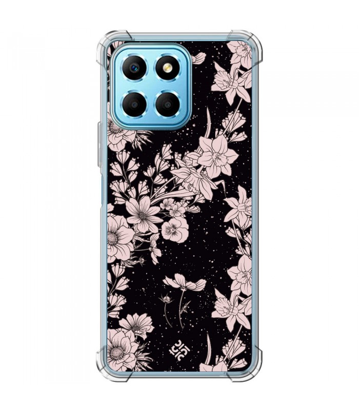 Funda Antigolpe [ Honor X8 5G ] Dibujo Botánico [ Flores de amapola daffodil, anémona, violeta en fondo estrellado ] Esquina