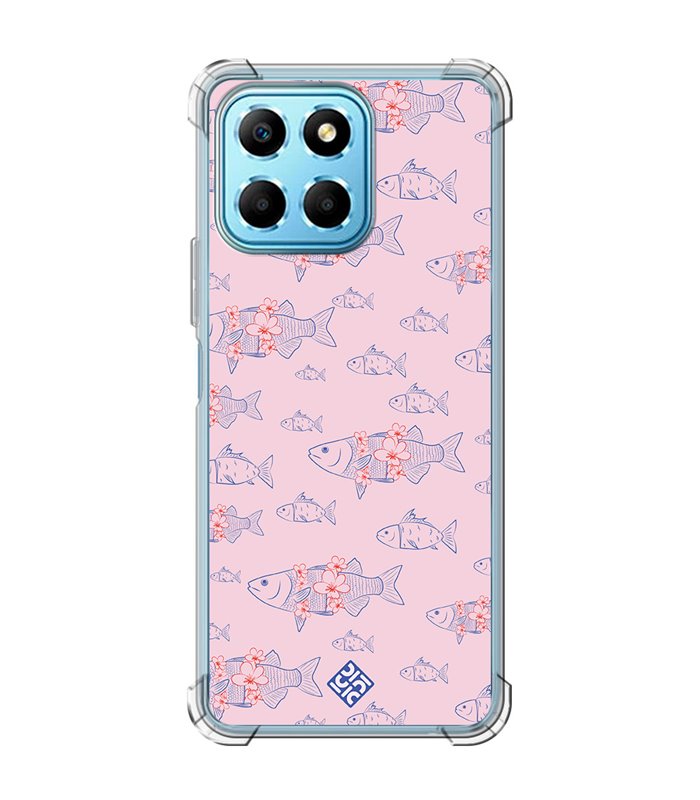 Funda Antigolpe [ Honor X8 5G ] Dibujo Japones [ Sakura y Pescado Rosa Pastel ] Esquina Reforzada Silicona Transparente