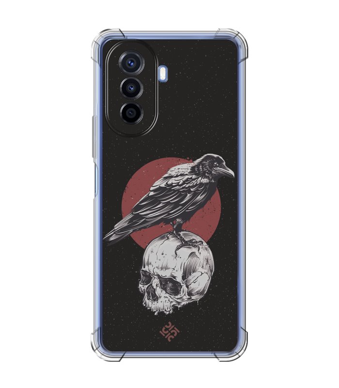 Funda Antigolpe [ Huawei Nova Y70 ] Dibujo Gotico [ Cuervo Sobre Cráneo ] Esquina Reforzada Silicona 1.5mm Transparente