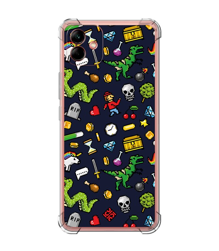 Funda Antigolpe [ Samsung Galaxy A04 ] Dibujo Gamers [ Iconos de Juego Retro Pixel Art 8 Bits ] Esquina Reforzada 1.5mm 