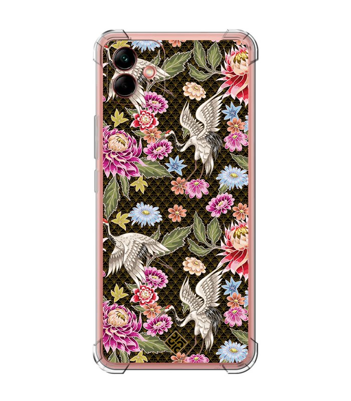 Funda Antigolpe [ Samsung Galaxy A04 ] Dibujo Japones [ Estampado de Flores y Grúas Blancas ] Esquina Reforzada Silicona 1.5