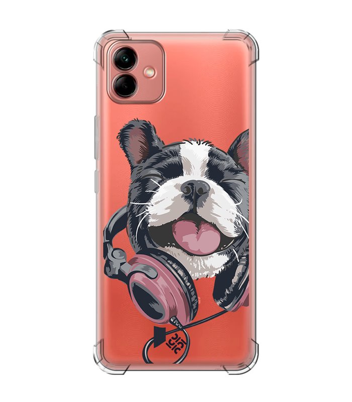 Funda Antigolpe [ Samsung Galaxy A04 ] Diseño Música [ Perro Feliz Escuchando Música ] Esquina Reforzada Silicona