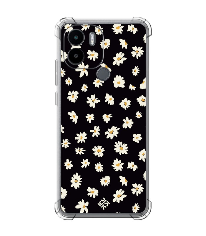 Funda Antigolpe [ Xiaomi Redmi A1 Plus ] Dibujo Botánico [ Margaritas en Fondo Negro ] Esquina Reforzada Silicona 1.5mm