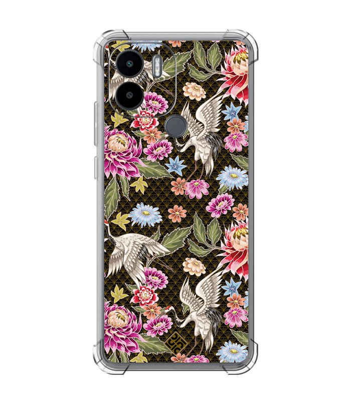 Funda Antigolpe [ Xiaomi Redmi A1 Plus ] Dibujo Japones [ Estampado de Flores y Grúas Blancas ] Esquina Reforzada Silicona 1.5