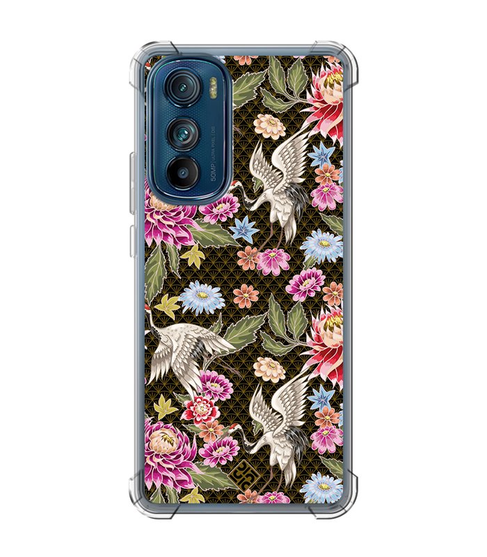 Funda Antigolpe [ Motorola Edge 30 ] Dibujo Japones [ Estampado de Flores y Grúas Blancas ] Esquina Reforzada Silicona 1.5