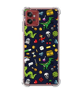 Funda Antigolpe [ Motorola Moto G32 ] Dibujo Gamers [ Iconos de Juego Retro Pixel Art 8 Bits ] Esquina Reforzada 1.5mm 