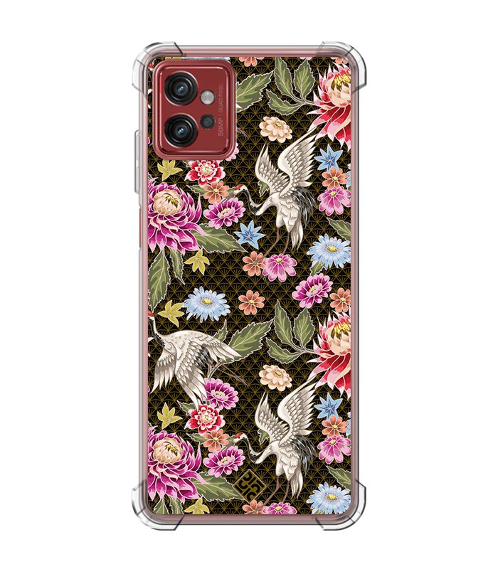 Funda Antigolpe [ Motorola Moto G32 ] Dibujo Japones [ Estampado de Flores y Grúas Blancas ] Esquina Reforzada Silicona 1.5