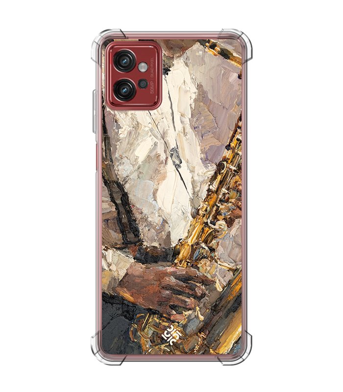 Funda Antigolpe [ Motorola Moto G32 ] Diseño Música [ Pintura - Tocando el Saxofón ] Esquina Reforzada Silicona Transparente