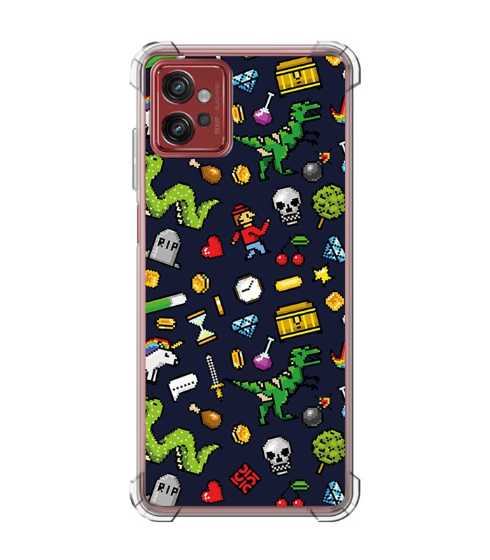 Funda Antigolpe [ Motorola Moto G32 ] Dibujo Gamers [ Iconos de Juego Retro Pixel Art 8 Bits ] Esquina Reforzada 1.5mm 