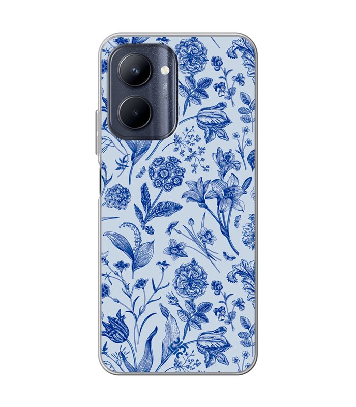 Funda para [ Realme C33 ] Dibujo Botánico [ Flores Silvestres Patron Azul ] de Silicona Flexible para Smartphone