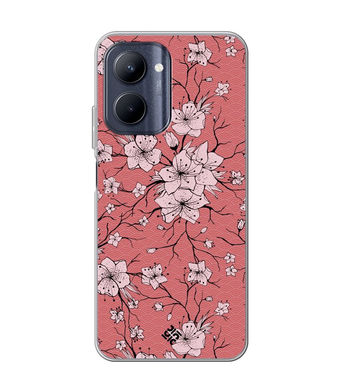 Funda para [ Realme C33 ] Dibujo Botánico [ Flores sakura con patron japones ] de Silicona Flexible para Smartphone