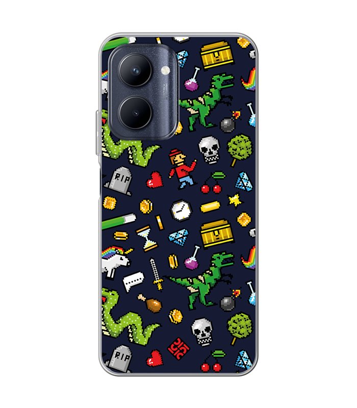 Funda para [ Realme C33 ] Dibujo Gamers [ Iconos de Juego Retro Pixel Art 8 Bits ] de Silicona Flexible para Smartphone