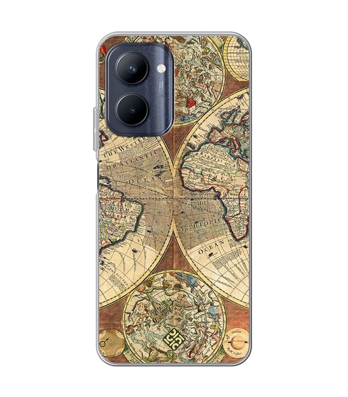 Funda para [ Realme C33 ] Dibujo Auténtico [ Antiguo Mapa Mundi ] de Silicona Flexible para Smartphone