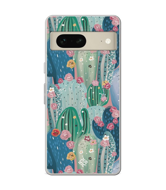 Funda para [ Google Pixel 7 ] Dibujo Botánico [ Cactus Con Flores Rosas ] de Silicona Flexible para Smartphone