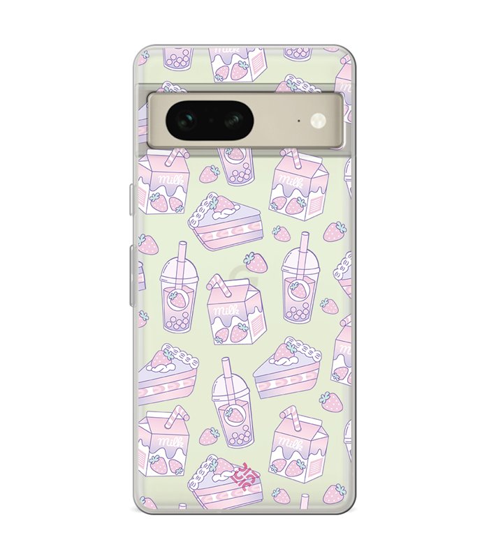 Funda para [ Google Pixel 7 ] Dibujo Cute [ Postres de Fresa En Rosa Pastel ] de Silicona Flexible