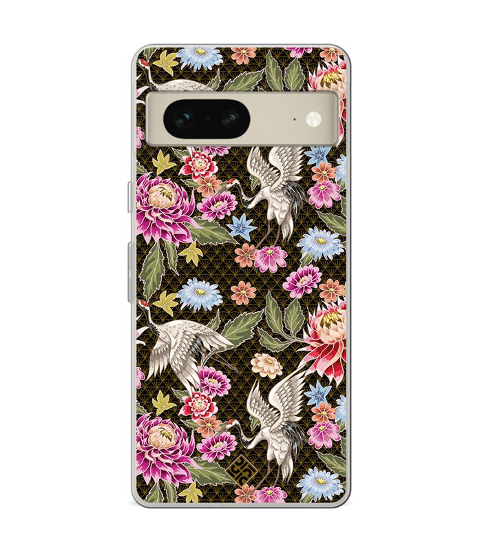 Funda para [ Google Pixel 7 ] Dibujo Japones [ Estampado de Flores y Grúas Blancas ] de Silicona