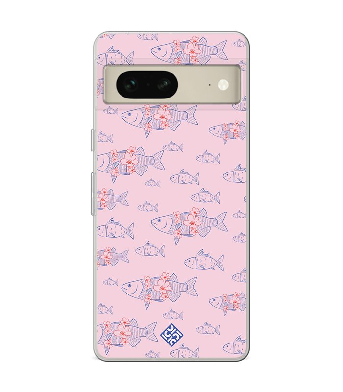 Funda para [ Google Pixel 7 ] Dibujo Japones [ Sakura y Pescado Rosa Pastel ] de Silicona