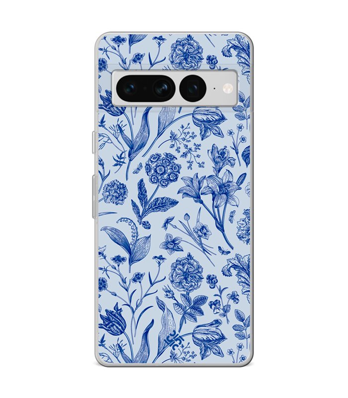 Funda para [ Google Pixel 7 Pro ] Dibujo Botánico [ Flores Silvestres Patron Azul ] de Silicona Flexible