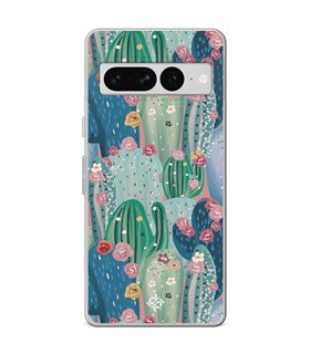 Funda para [ Google Pixel 7 Pro ] Dibujo Botánico [ Cactus Con Flores Rosas ] de Silicona Flexible para Smartphone