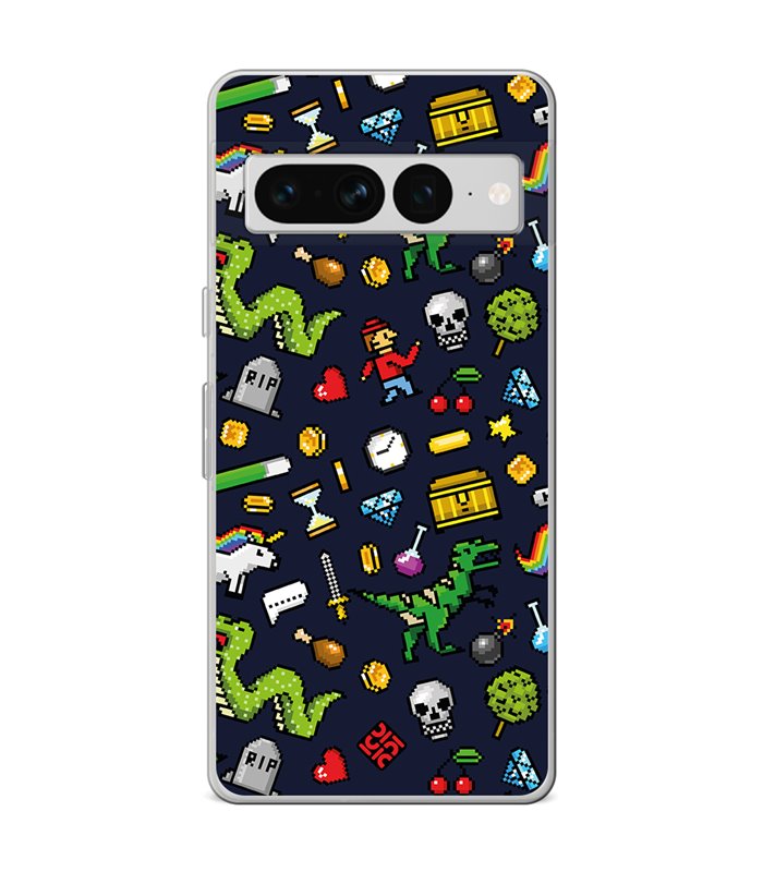 Funda para [ Google Pixel 7 Pro ] Dibujo Gamers [ Iconos de Juego Retro Pixel Art 8 Bits ] de Silicona Flexible