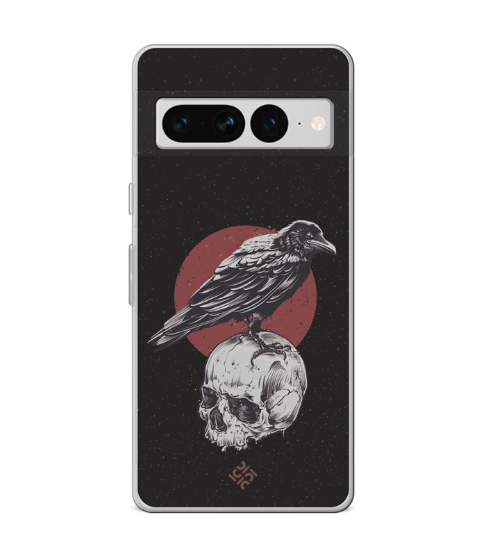 Funda para [ Google Pixel 7 Pro ] Dibujo Gotico [ Cuervo Sobre Cráneo ] de Silicona Flexible para Smartphone