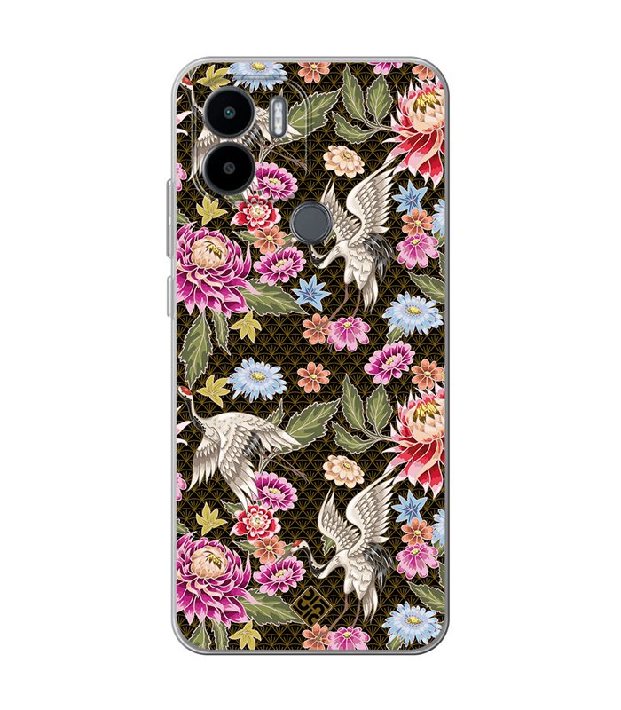 Funda para [ Xiaomi Redmi A1 Plus ] Dibujo Japones [ Estampado de Flores y Grúas Blancas ] de Silicona