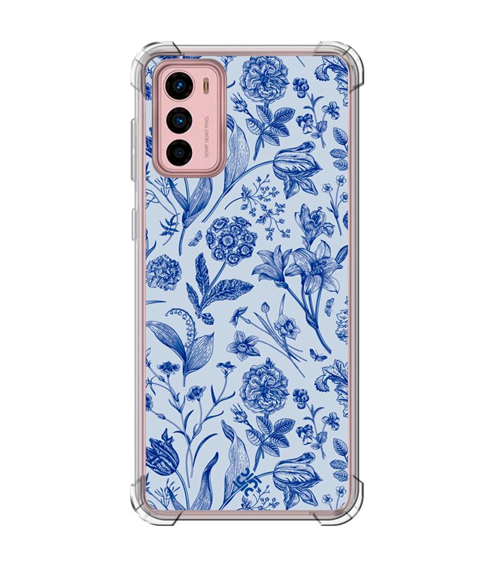 Funda Antigolpe [ Motorola Moto G42 ] Dibujo Botánico [ Flores Silvestres Patron Azul ] Esquina Reforzada Silicona 1.5