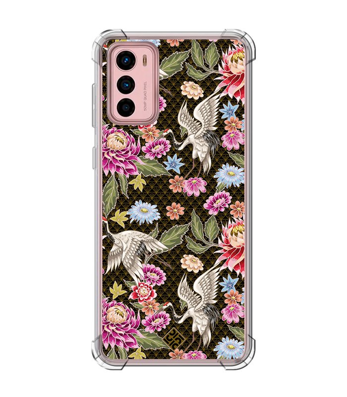 Funda Antigolpe [ Motorola Moto G42 ] Dibujo Japones [ Estampado de Flores y Grúas Blancas ] Esquina Reforzada Silicona 1.5