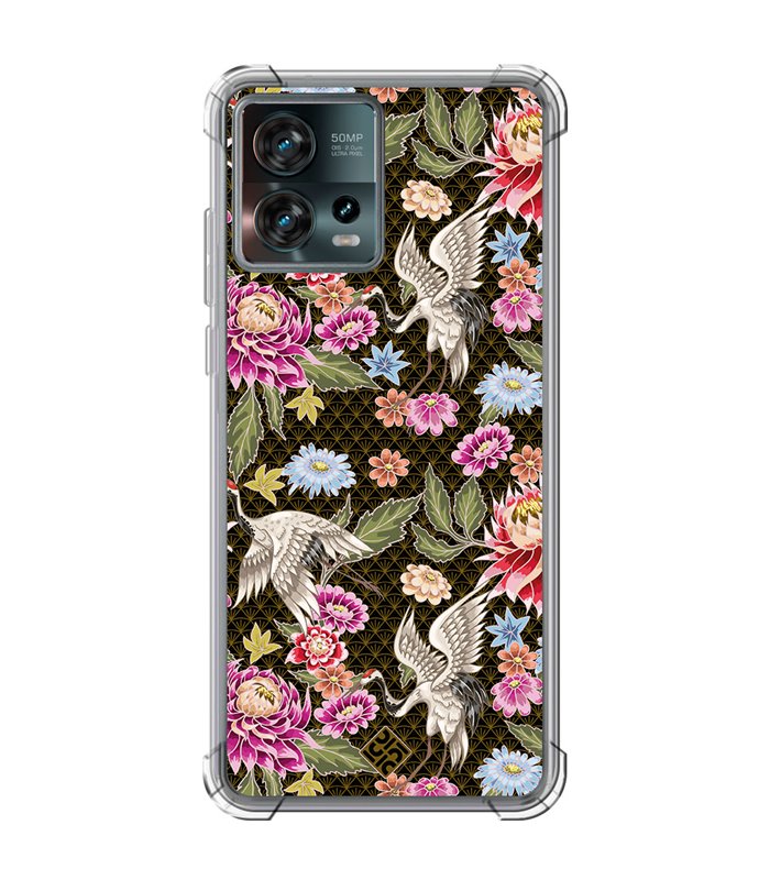 Funda Antigolpe [ Motorola Edge 30 Fusion ] Dibujo Japones [ Estampado de Flores y Grúas Blancas ] Reforzada 1.5