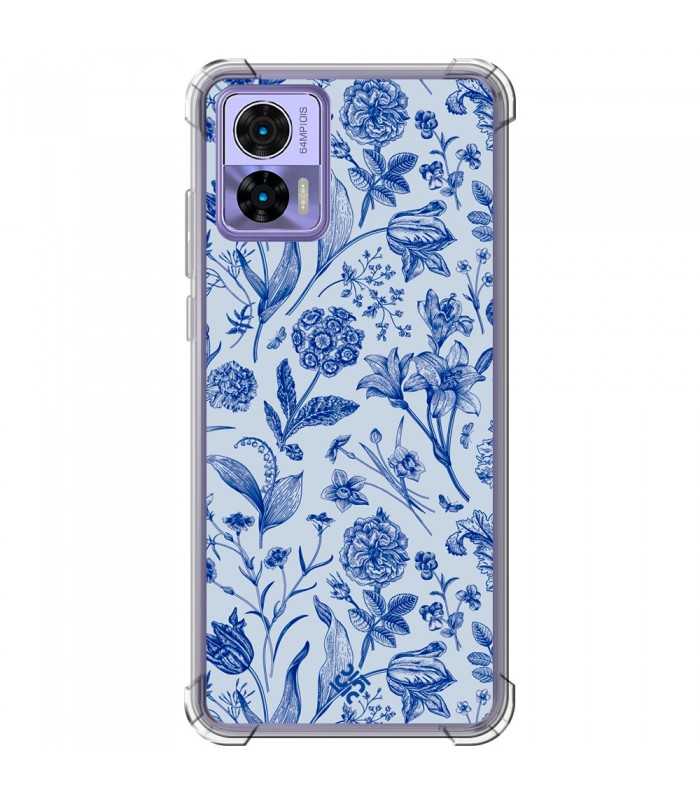 Funda Antigolpe [ Motorola Edge 30 Neo ] Dibujo Botánico [ Flores Silvestres Patron Azul ] Esquina Reforzada 1.5