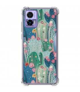 Funda Antigolpe [ Motorola Edge 30 Neo ] Dibujo Botánico [ Cactus Con Flores Rosas ] Esquina Reforzada Silicona 1.5