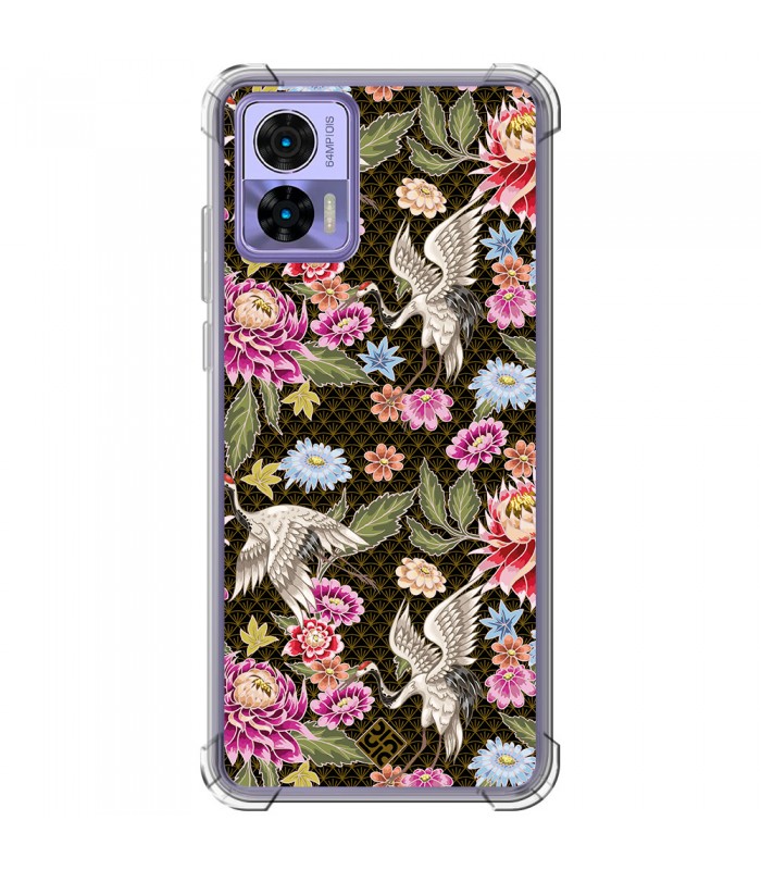 Funda Antigolpe [ Motorola Edge 30 Neo ] Dibujo Japones [ Estampado de Flores y Grúas Blancas ] Reforzada 1.5