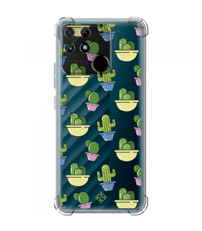 Funda Antigolpe [ Realme Narzo 50A ] Dibujo Auténtico [ Cactus en Macetas ] Esquina Reforzada Silicona 1.5 Transparente