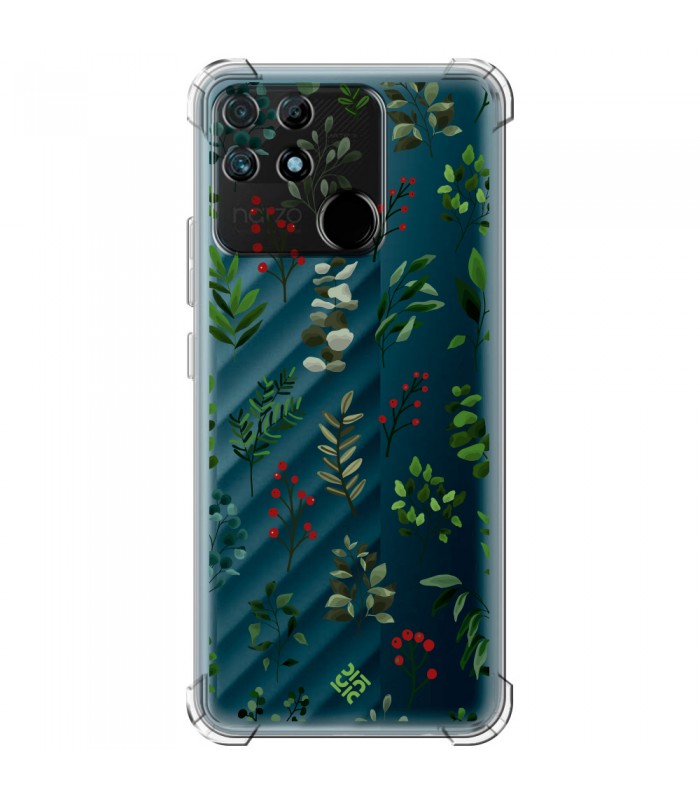 Funda Antigolpe [ Realme Narzo 50A ] Dibujo Botánico [ Hojas Ramas Verdes - Follaje Botánico ] Esquina Reforzada 1.5mm