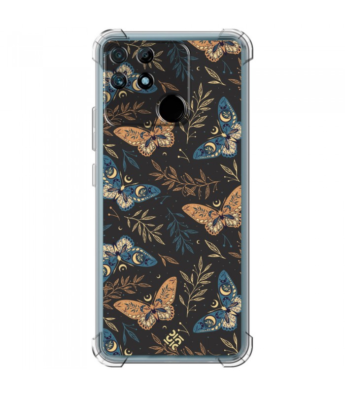 Funda Antigolpe [ Realme Narzo 50A ] Dibujo Esotérico [ Boho Fondo Mágico con Ramas y Mariposas y Polillas ] Esquina 1.5