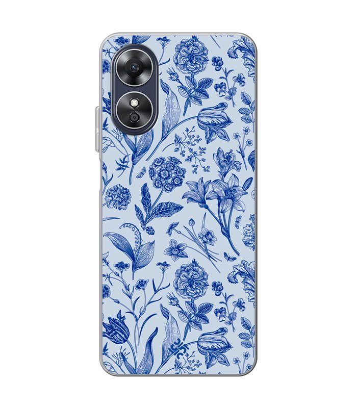 Funda para [ OPPO A17 ] Dibujo Botánico [ Flores Silvestres Patron Azul ] de Silicona Flexible para Smartphone