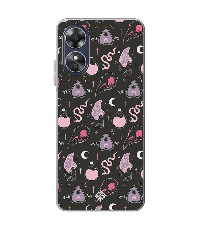 Funda para [ OPPO A17 ] Dibujo Gotico [ Diseño Brujería en Tonos Pastel y Fondo Negro ] de Silicona Flexible para Smartphone