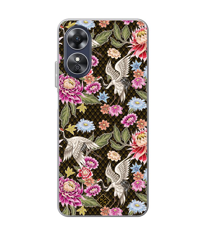 Funda para [ OPPO A17 ] Dibujo Japones [ Estampado de Flores y Grúas Blancas ] de Silicona Flexible para Smartphone