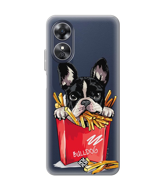 Funda para [ OPPO A17 ] Dibujo Mascotas [ Perrito Bulldog con Patatas ] de Silicona Flexible para Smartphone